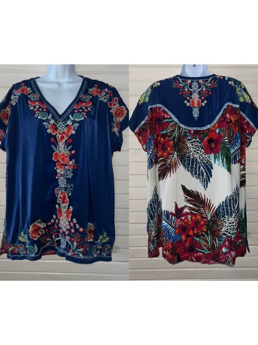 John Mark Sz LARGE Blue Floral Embroidered Mixed Print Floral V-Neck Tunic EUC